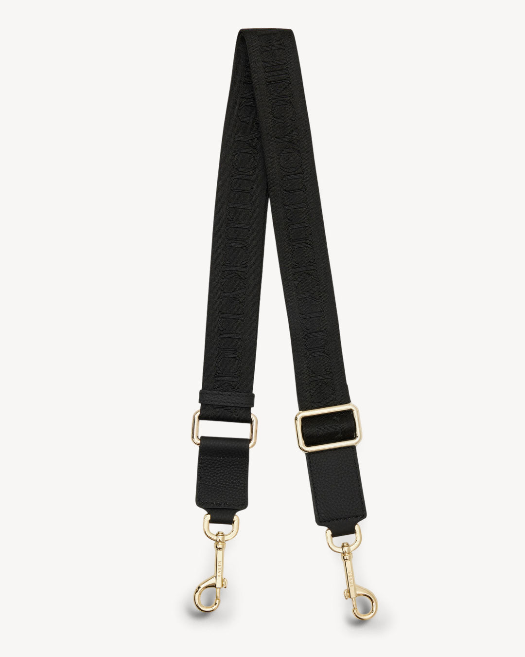 A striped feature strap with black, red, and white colors, with leather trim and gold-plated hardware, fully adjustable.