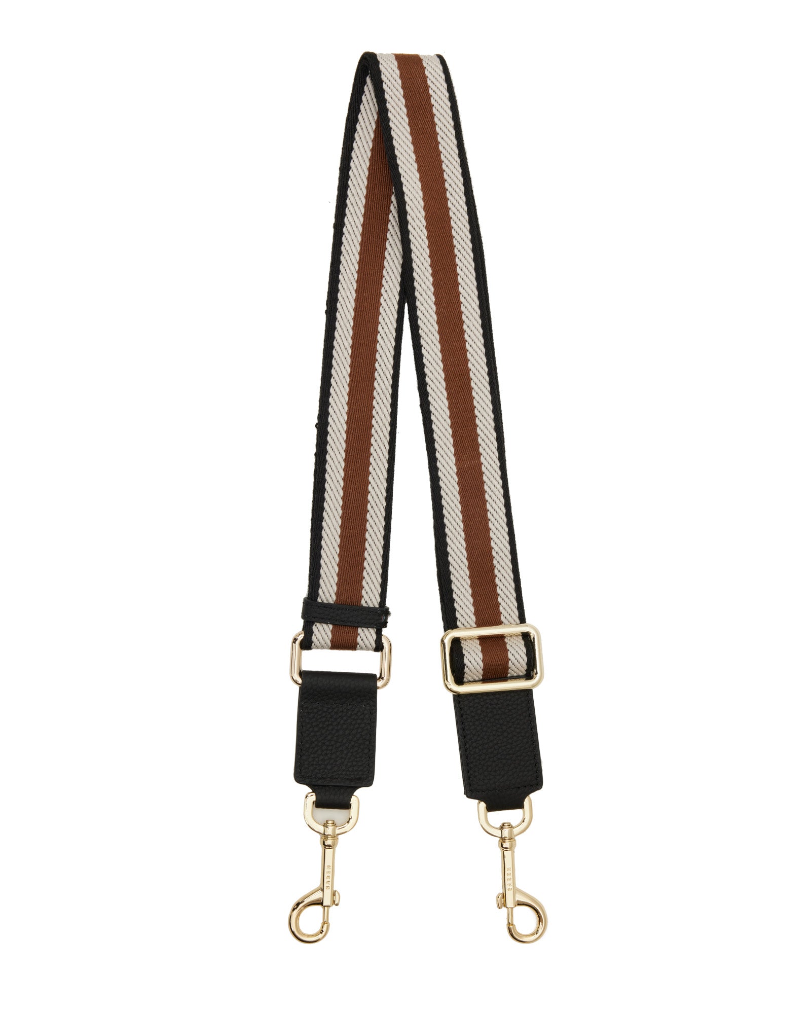 Striped bag strap with gold hardware on a white background