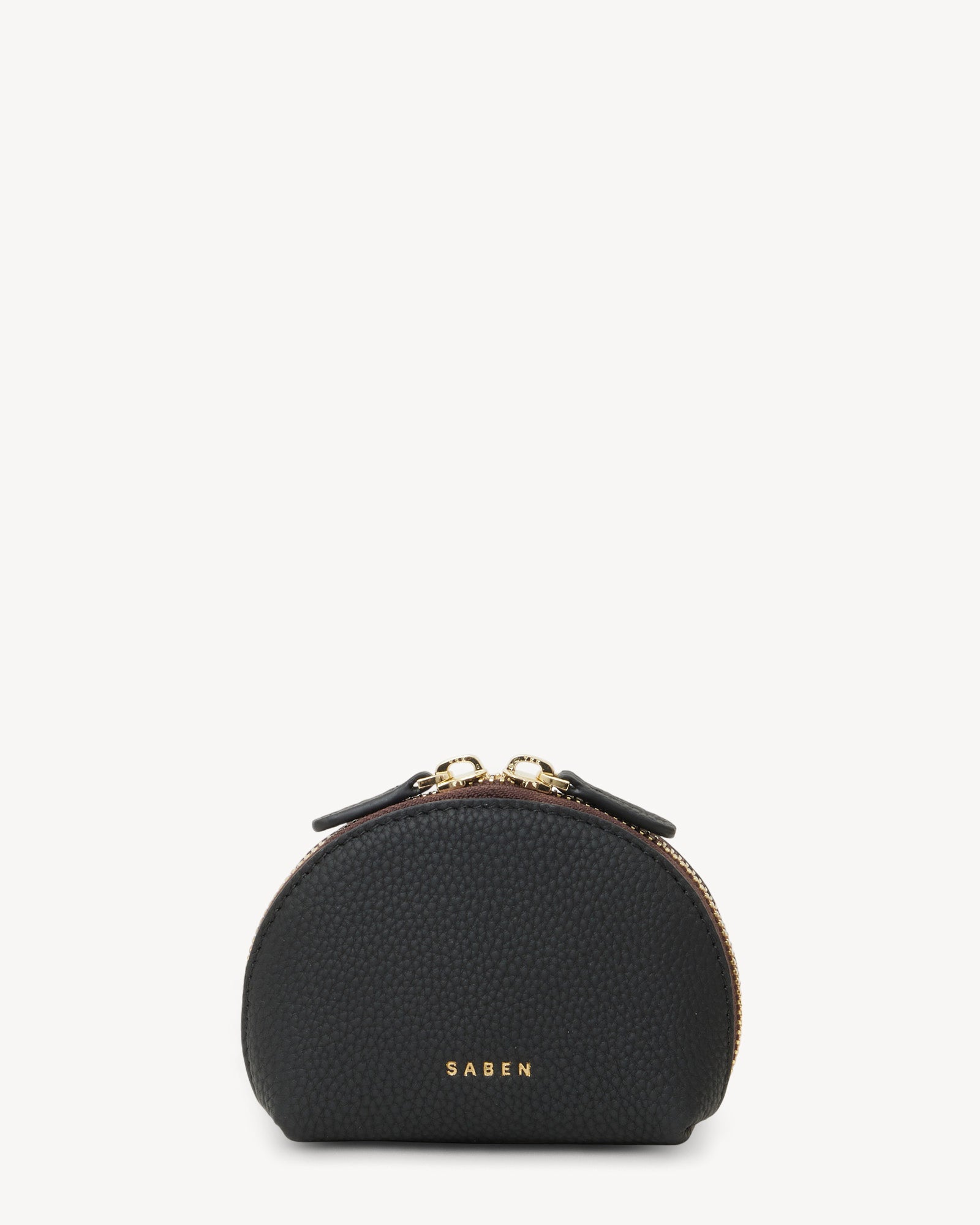 A black leather mini pouch with zip closure, featuring the brand name 'SABEN' embossed on the front.
