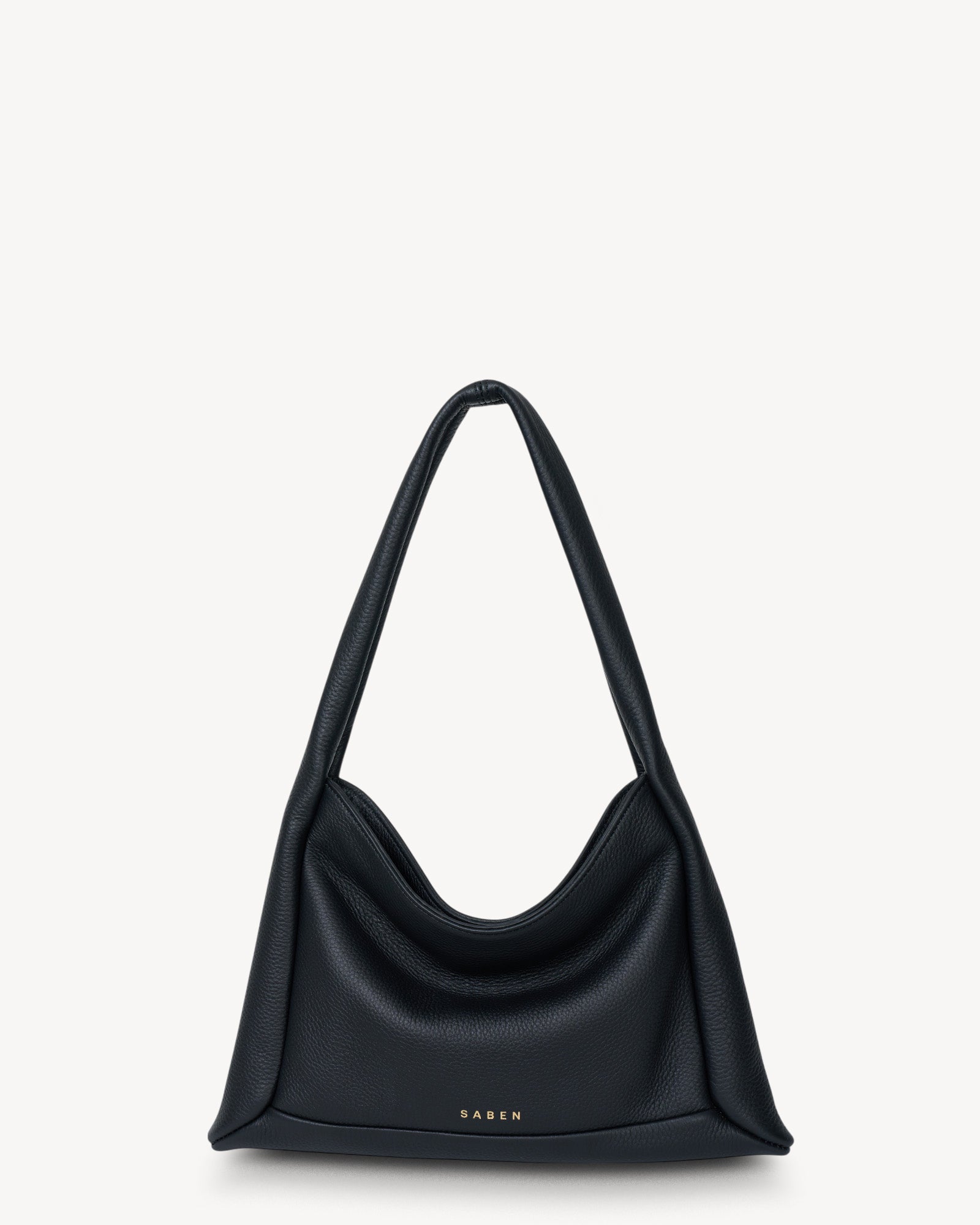 Black handbag with 'SABEN' branding on a white background