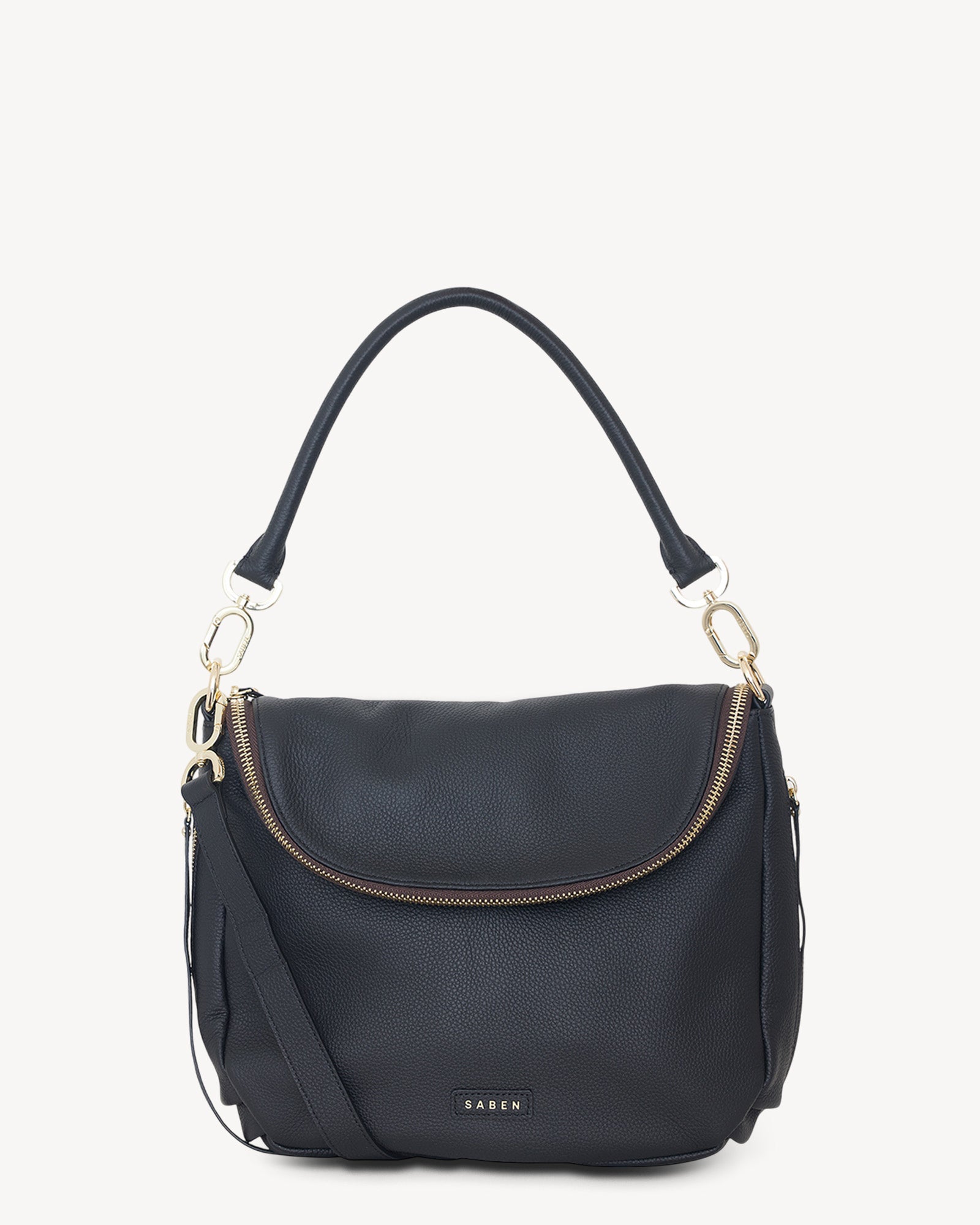 A black pebbled leather shoulder bag with an oversized zip closure, multiple exterior pockets, and a detachable shoulder strap.