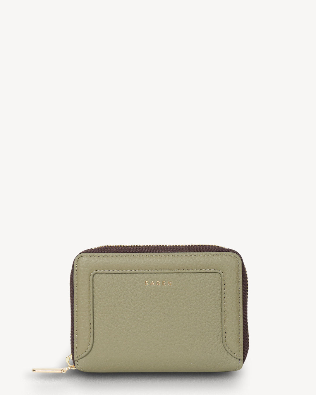 Green wallet with a brand logo on a white background