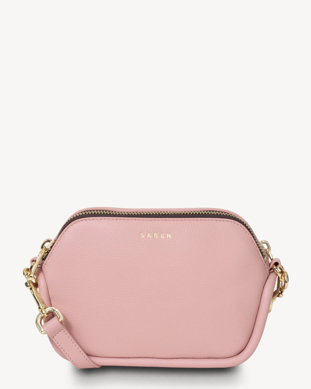 Pink handbag with gold chain on a white background