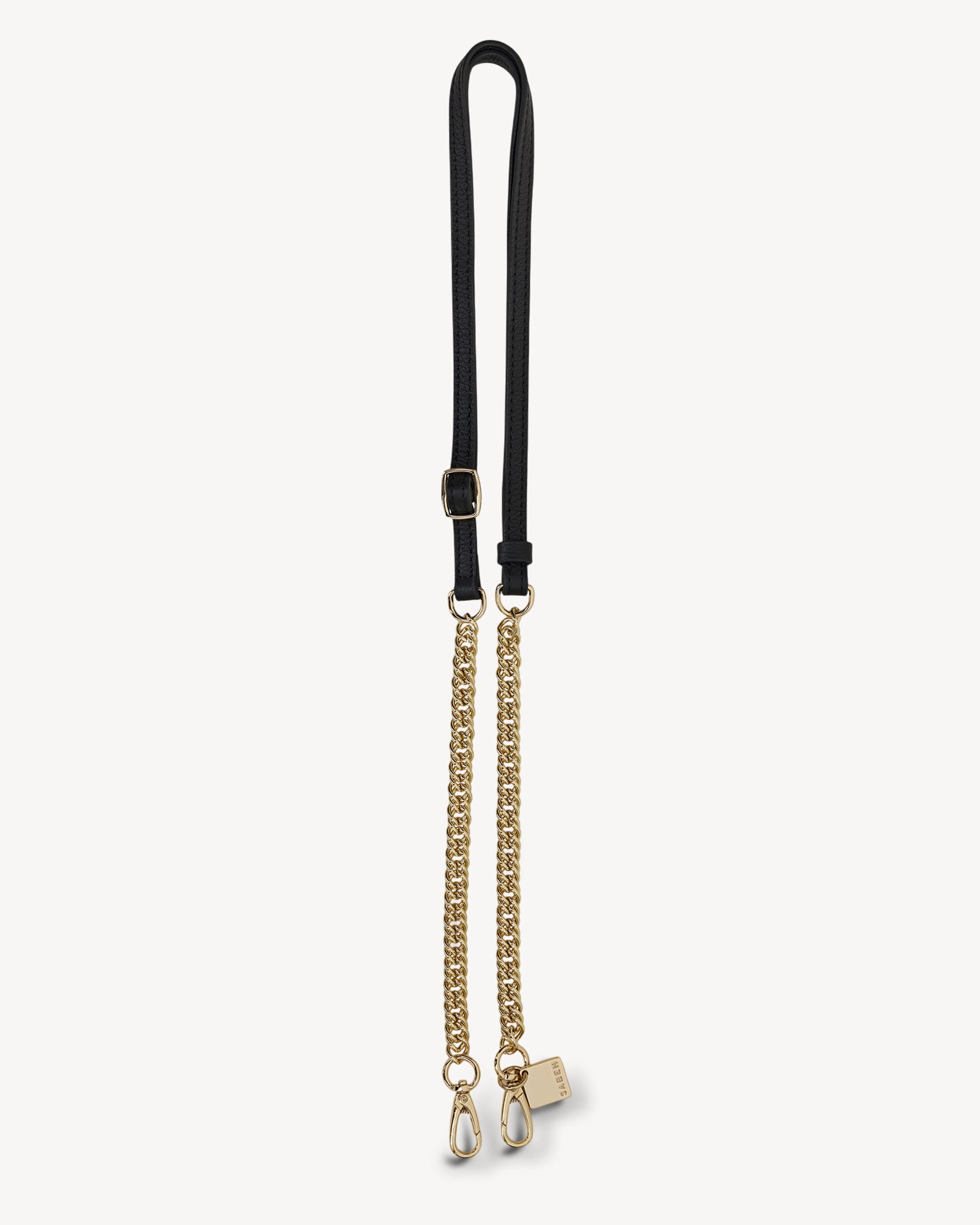 A detachable and adjustable black leather chain strap with gold curb links and hardware.