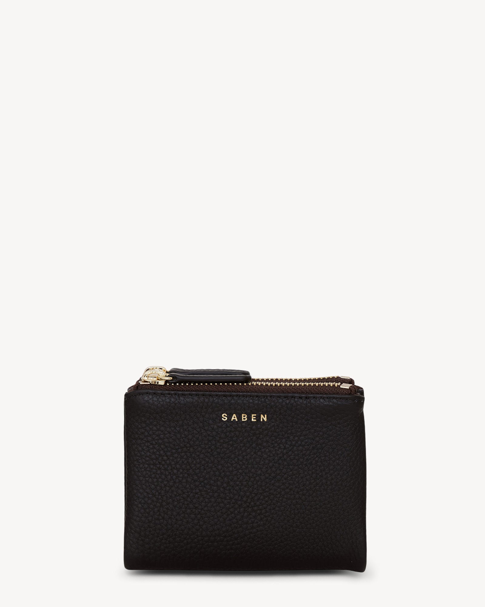 A compact black leather wallet with gold-plated hardware, featuring multiple card slots, a zippered coin pouch, and other compartments.