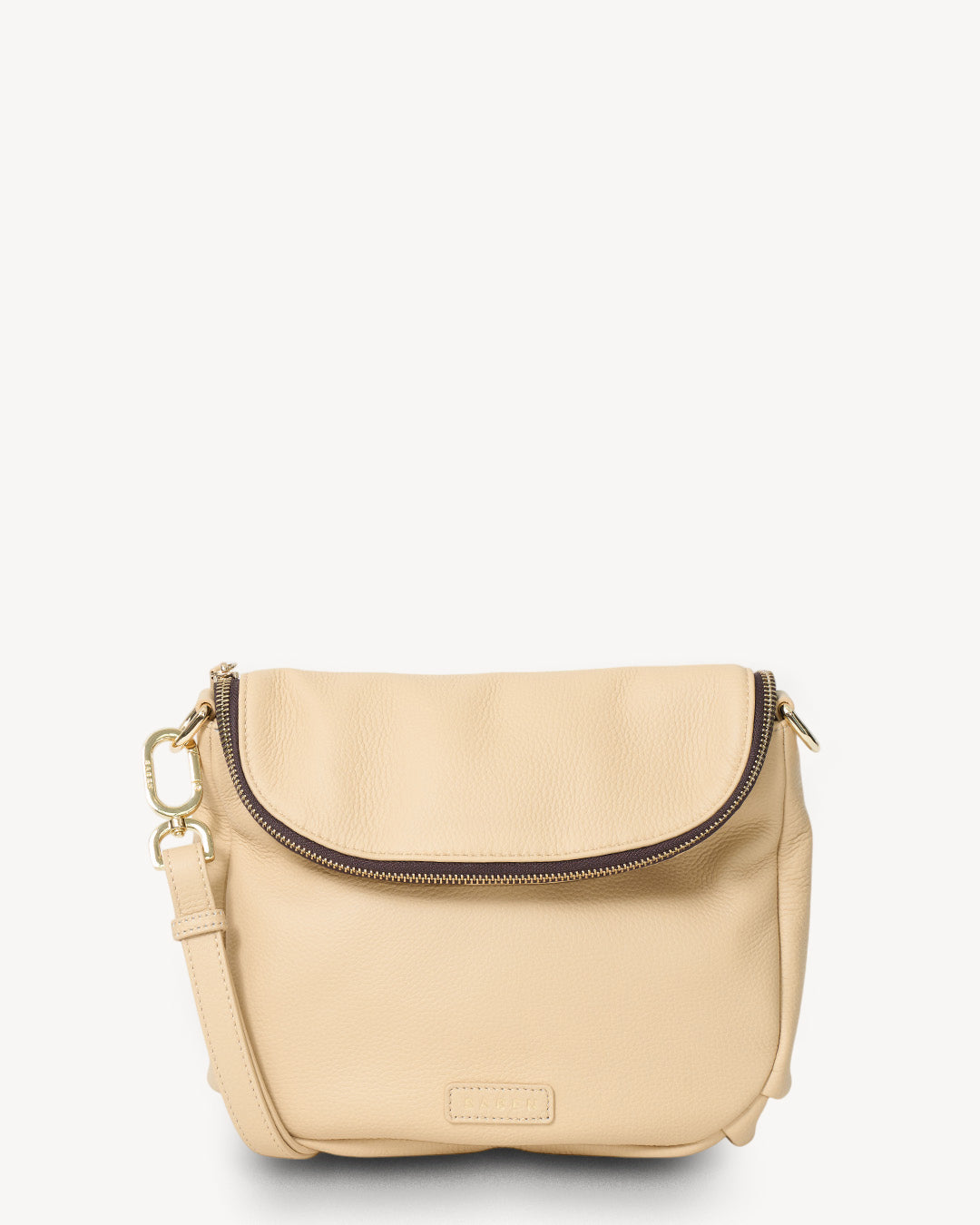 Beige handbag with a zipper on a white background
