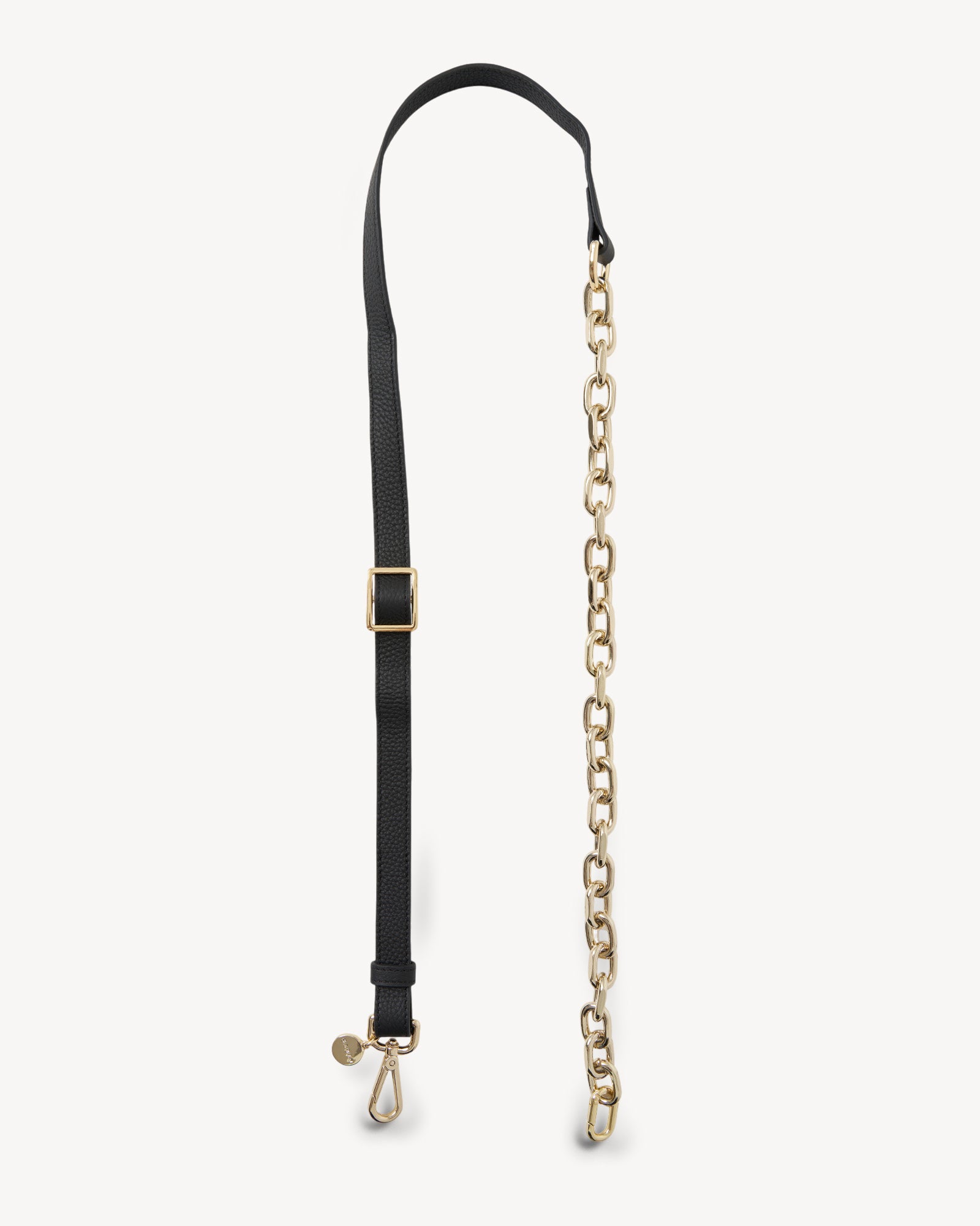 A detachable and adjustable black leather chain strap with gold curb links and hardware.