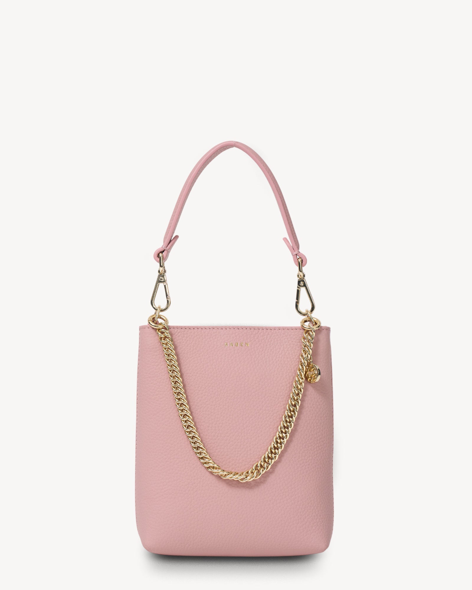 Pink handbag with a gold chain on a white background