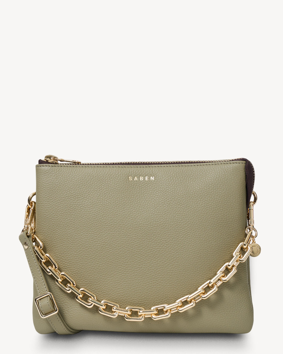 Green handbag with gold chain strap on a white background