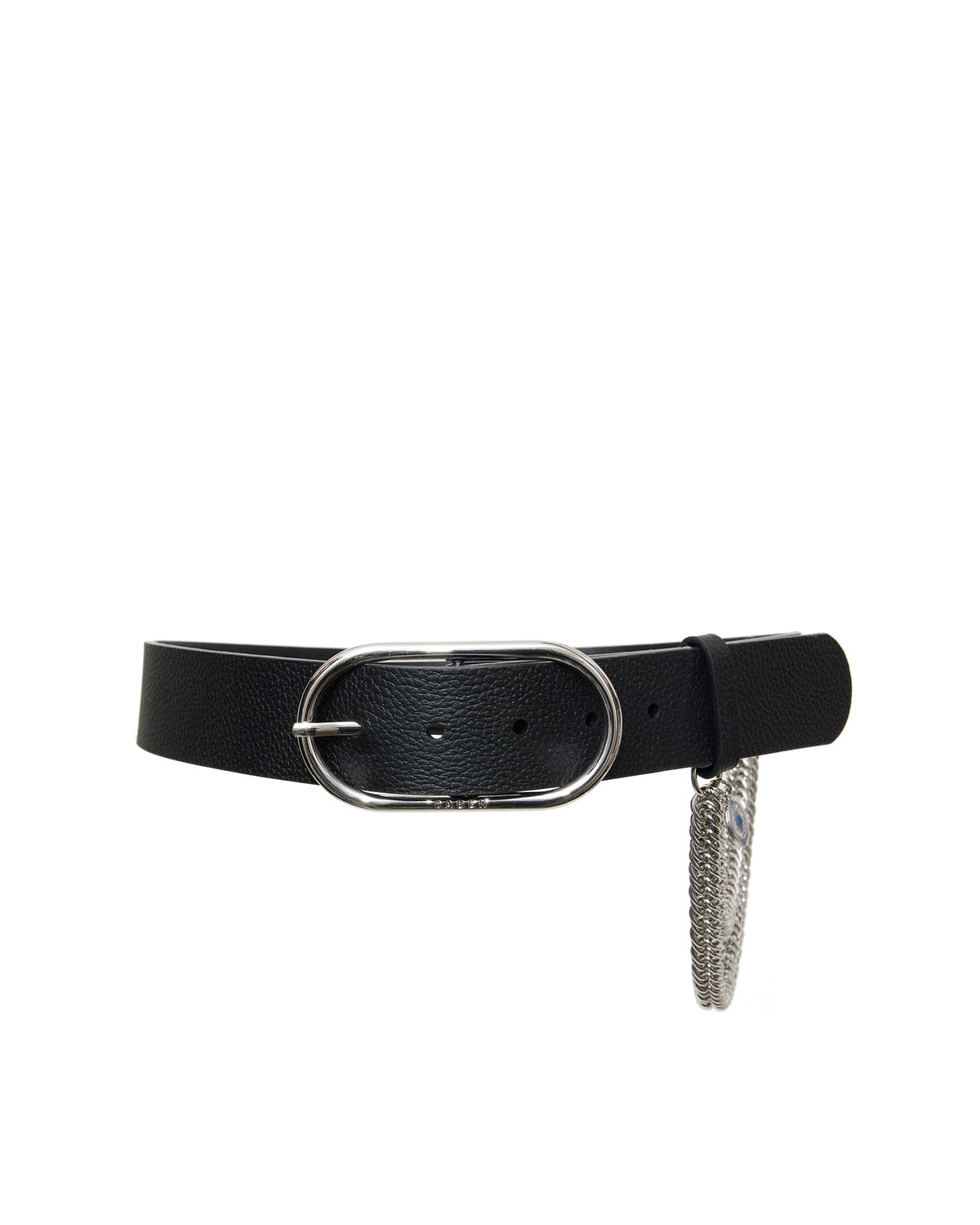 Black belt with silver ring and decorative end on a white background