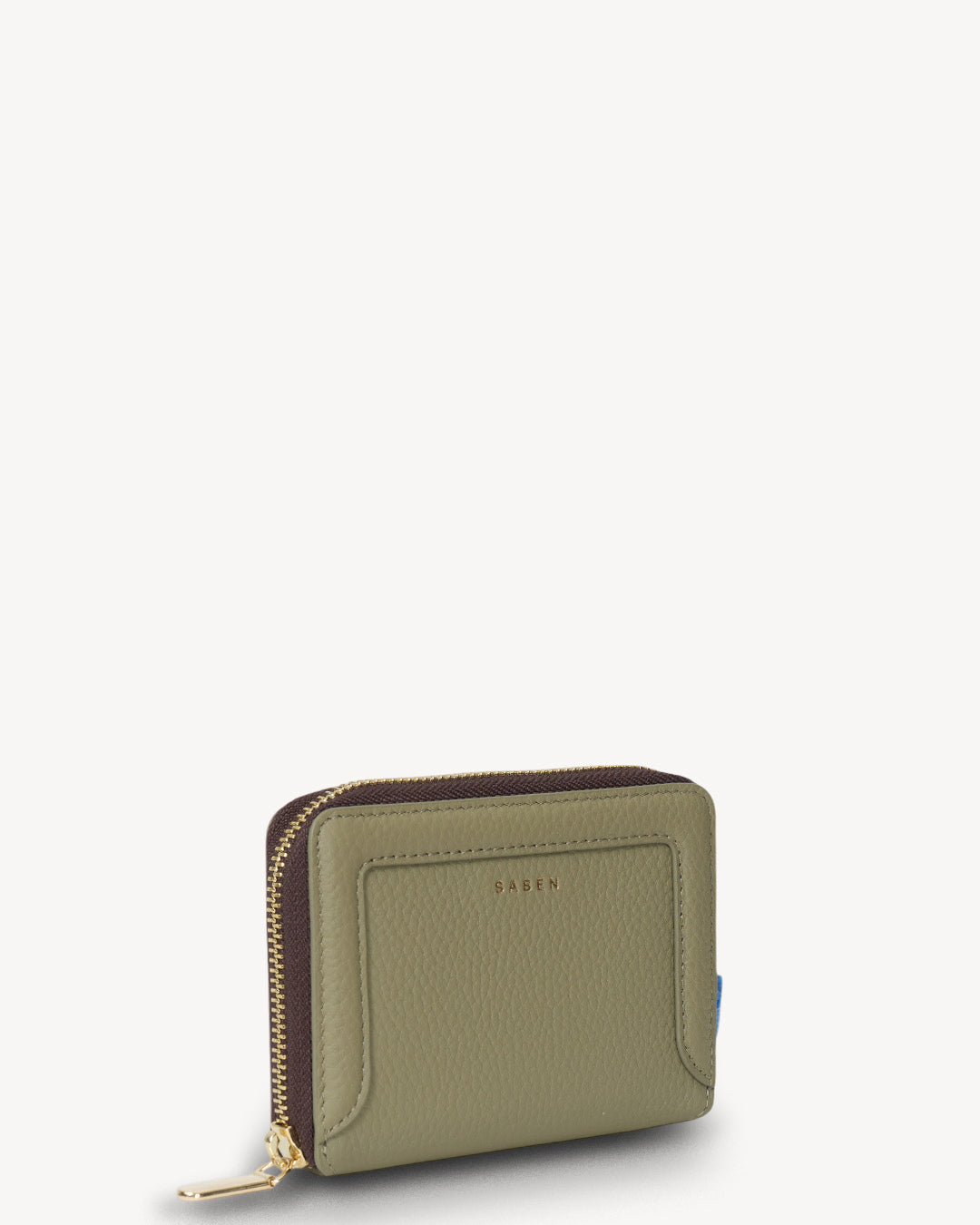 Green wallet with a gold zipper on a white background