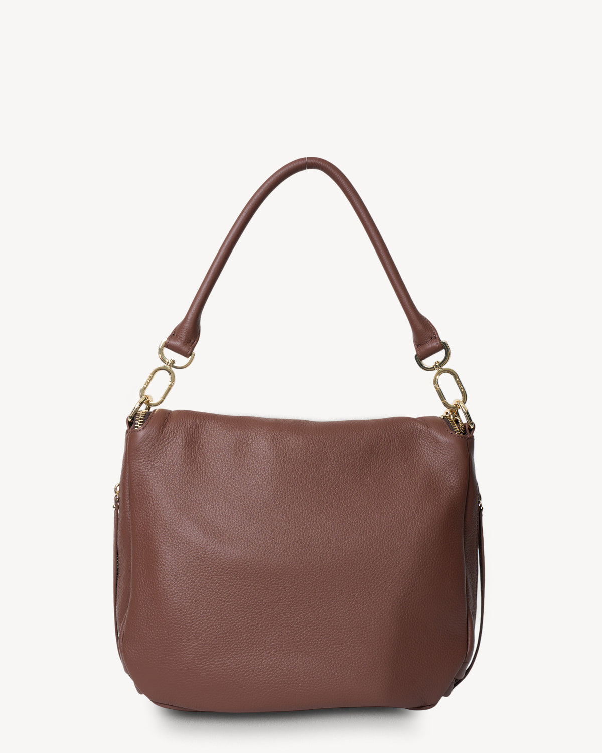 Brown leather handbag with gold hardware on a white background