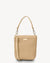 Beige woven handbag with a strap on a white background