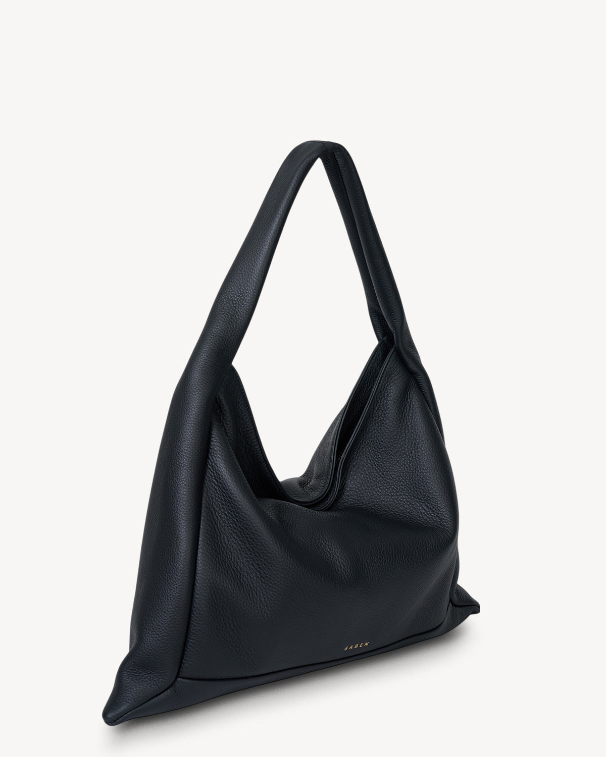 Black leather handbag on a white background