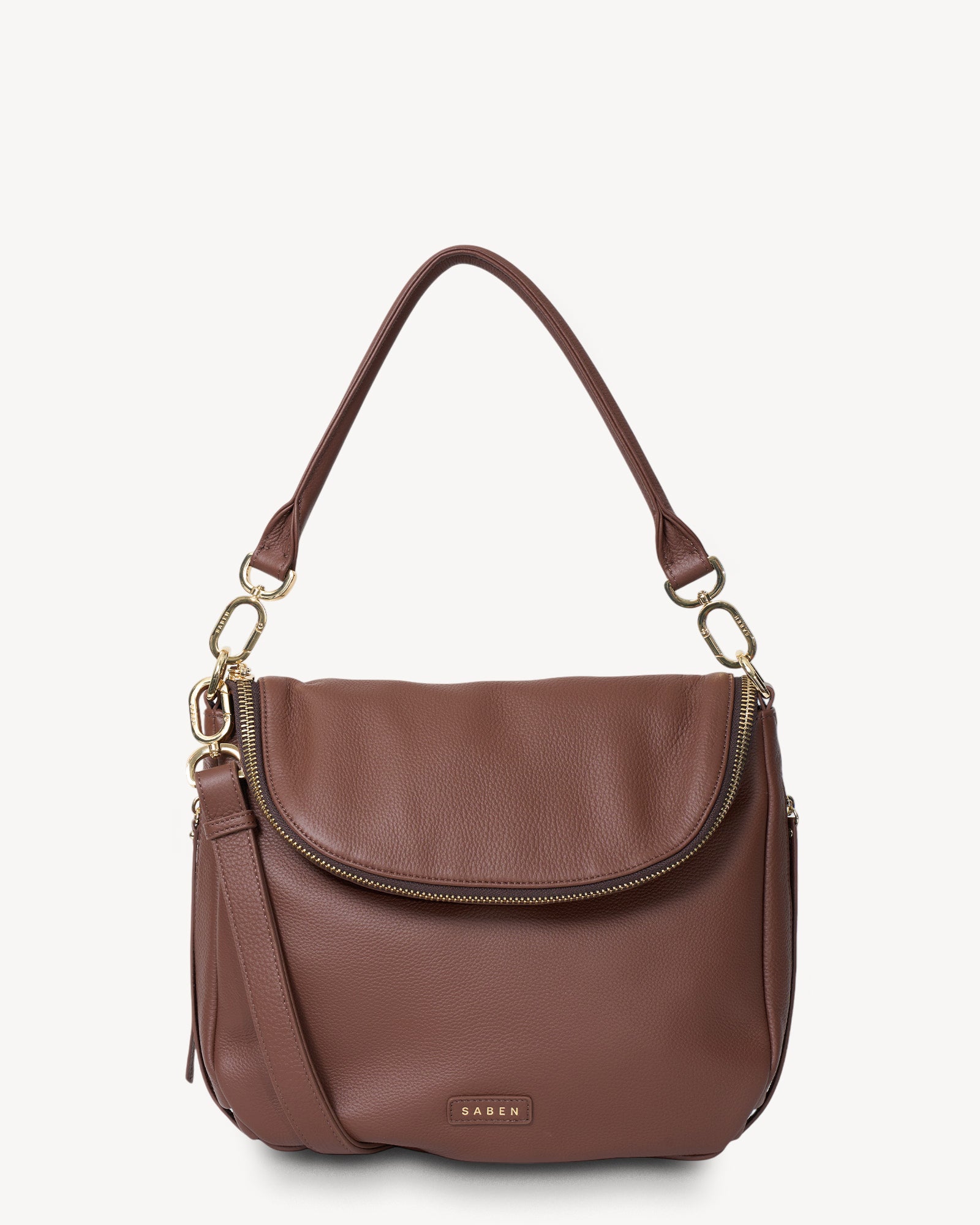 Brown handbag with gold accents on a white background