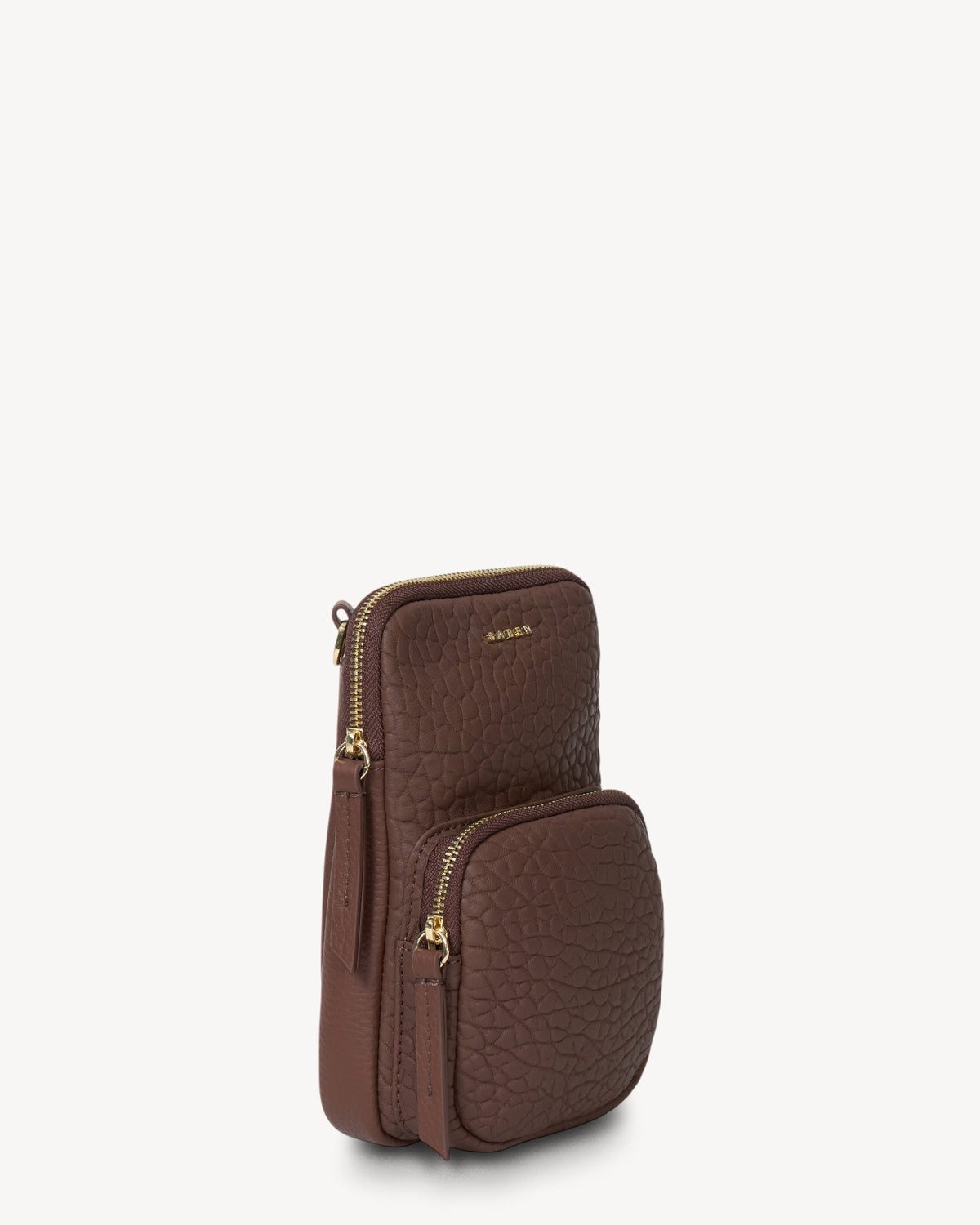 Brown textured pouch with gold zipper on a white background