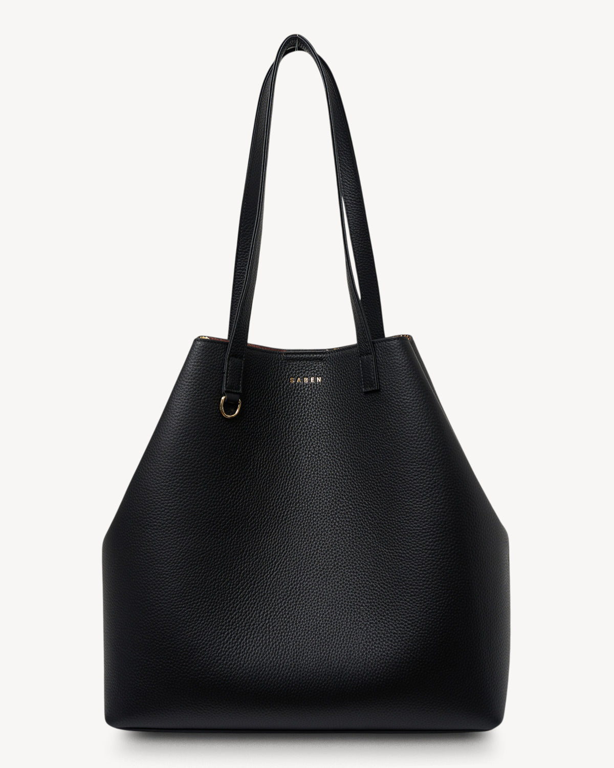 Black handbag with a visible brand logo on a white background