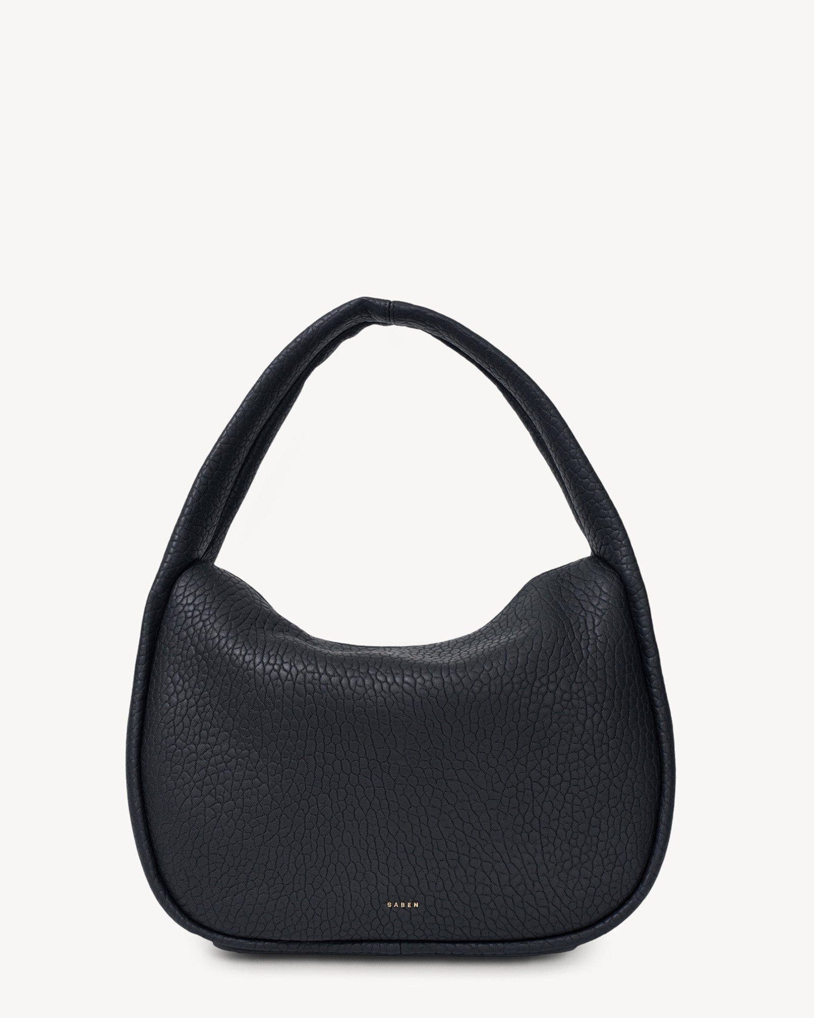 A black leather hobo-style shoulder bag with a wide shoulder strap and a bubble-textured surface.