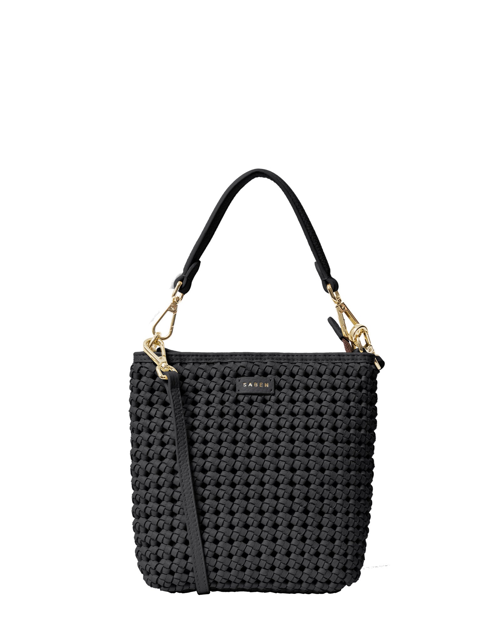 Black woven handbag with gold accents on a white background