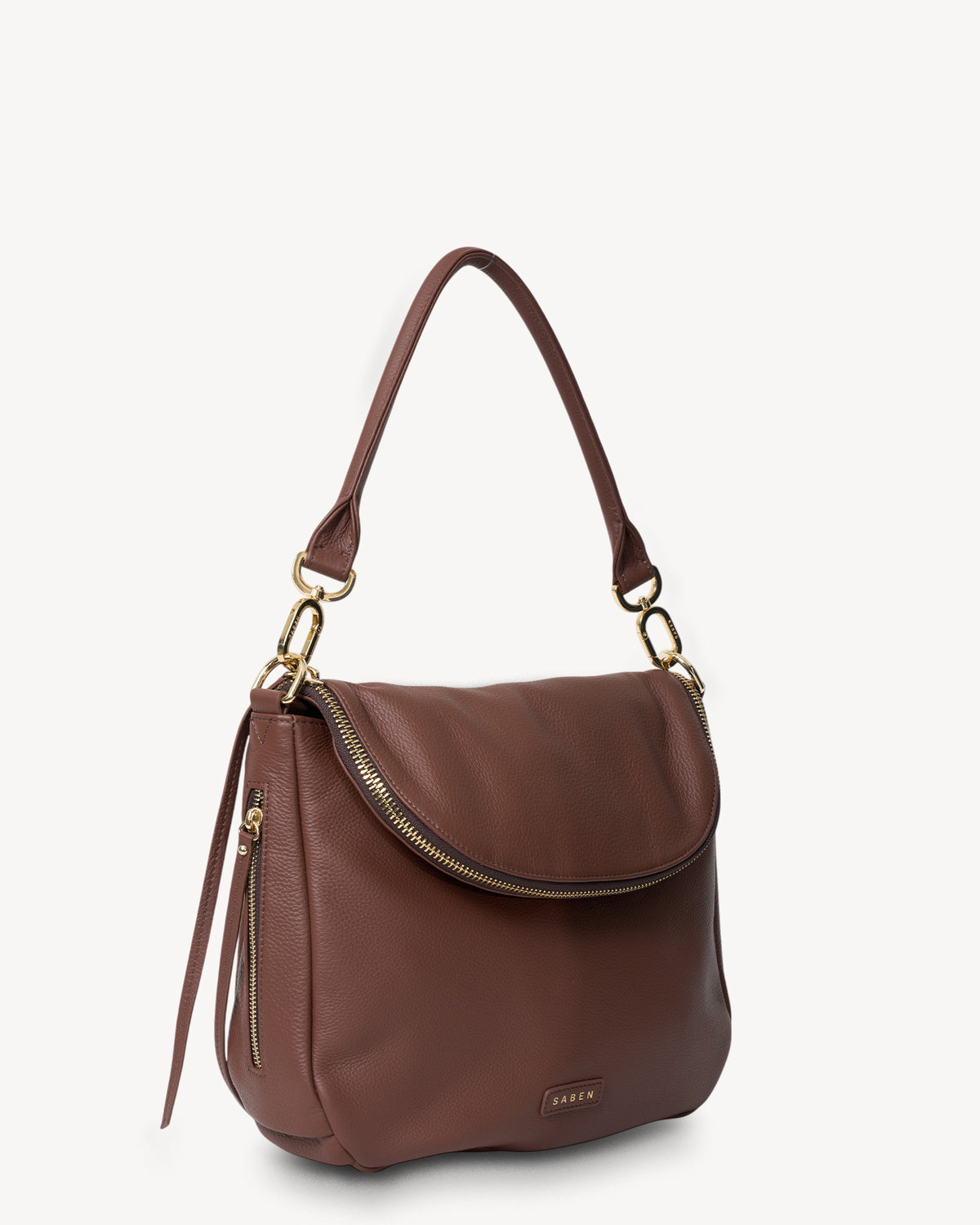 Brown handbag with gold zipper and hardware on a white background