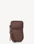 Brown leather crossbody bag with a strap on a white background