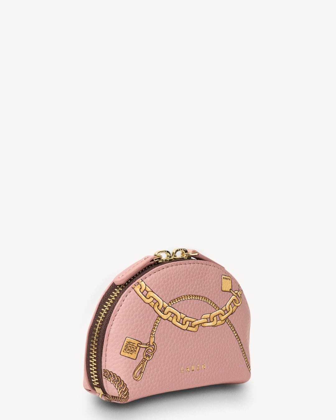 Pink cosmetic bag with gold chain detail on a white background