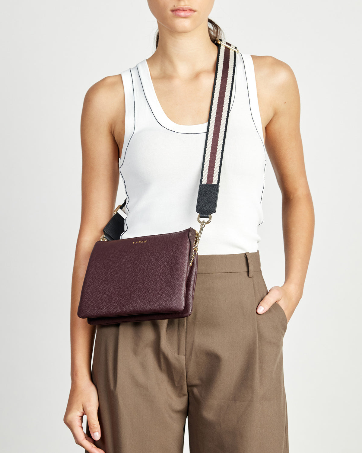 Feature Strap Webbing Black + White + Merlot