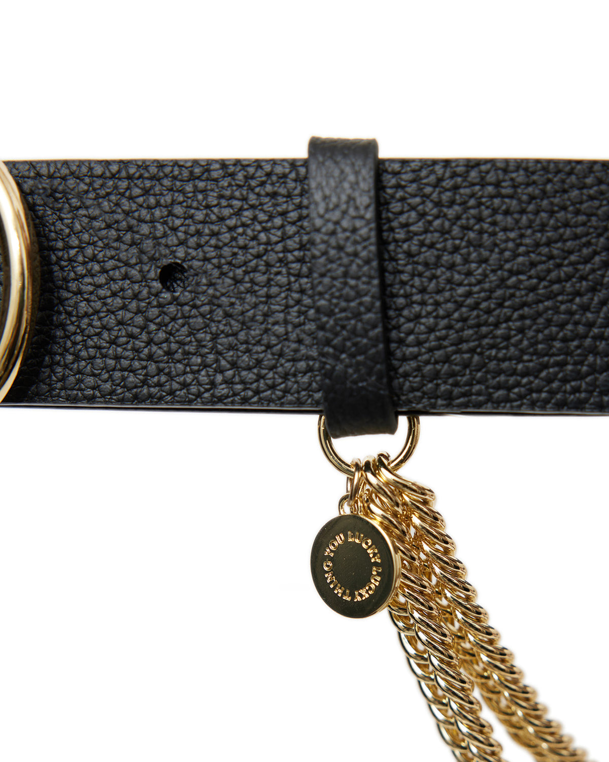 Black belt with gold chain and round tag on a white background