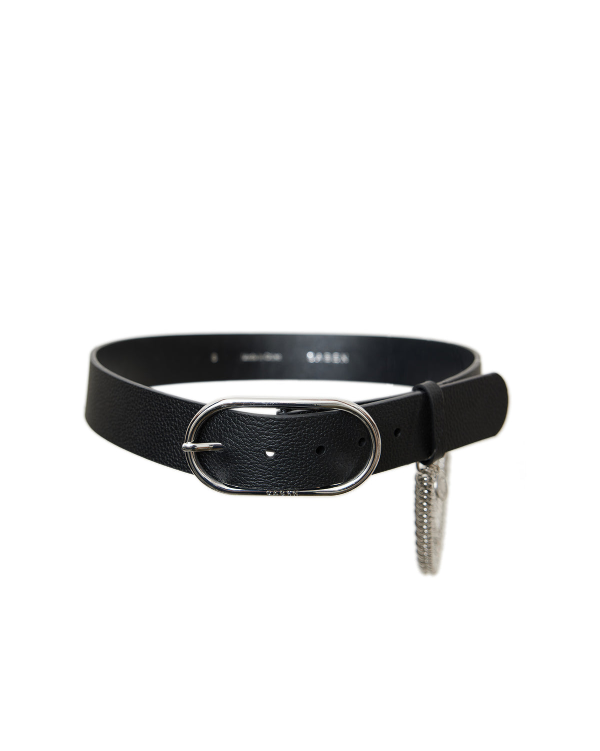 Black leather belt with a silver buckle and decorative chain on a white background