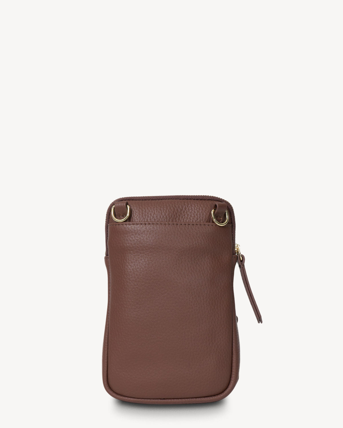 Brown leather pouch with gold hardware on a white background