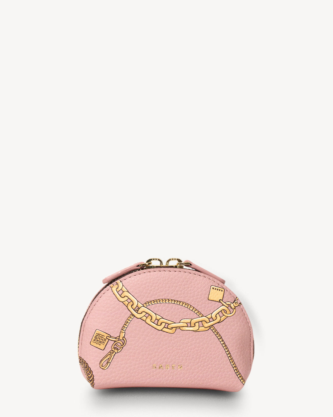 Pink cosmetic bag with gold chain detail on a white background