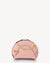 Pink cosmetic bag with gold chain detail on a white background