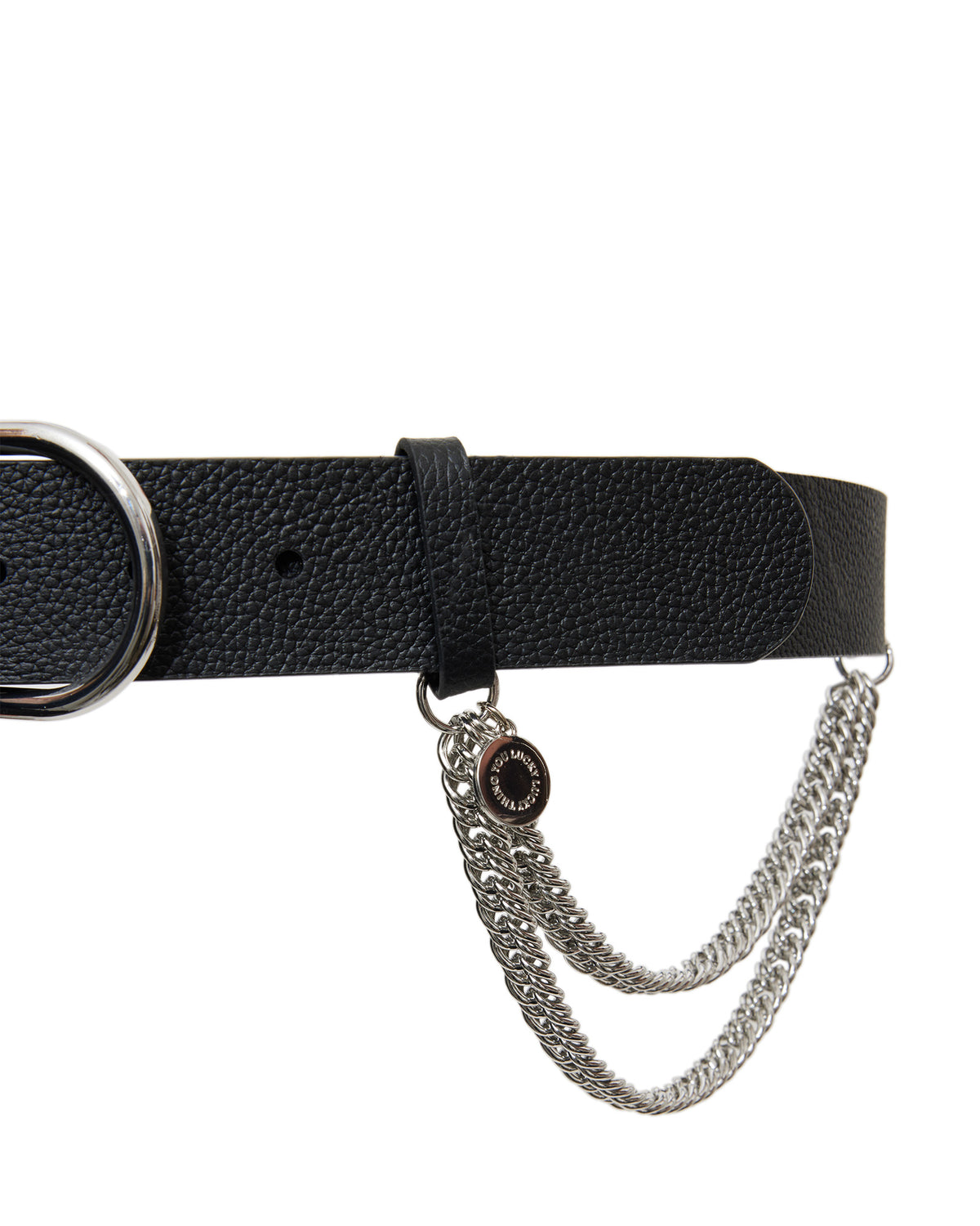 Black belt with silver chain detail on a white background