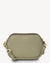Green handbag with gold accents on a white background