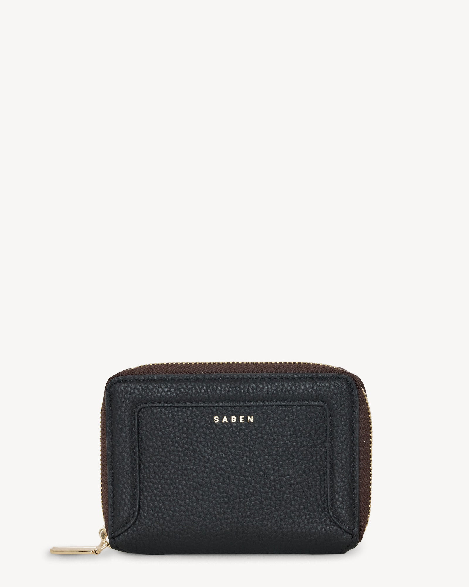 Black wallet with 'Saben' branding on a white background