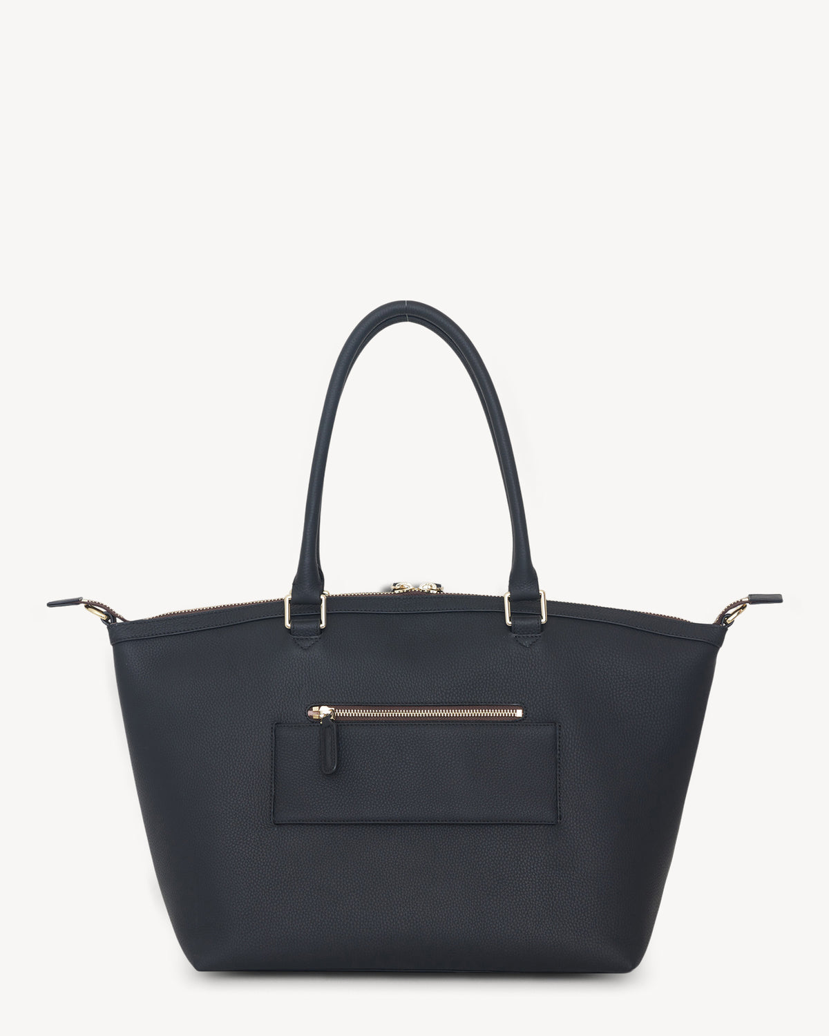 Black handbag with gold zipper on a white background