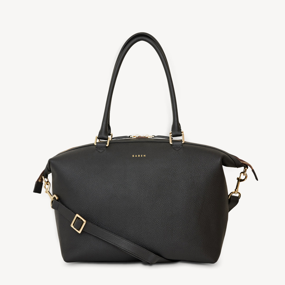 Black handbag with gold accents on a white background
