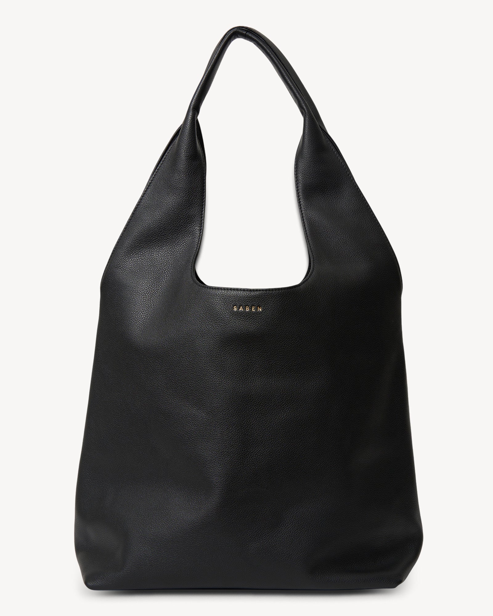A black leather shoulder bag with a slouchy design, displayed against a white background.