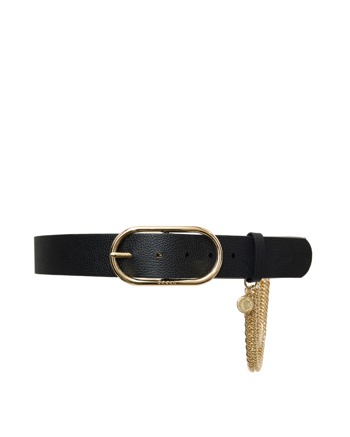 Black belt with a gold buckle and decorative charm on a white background