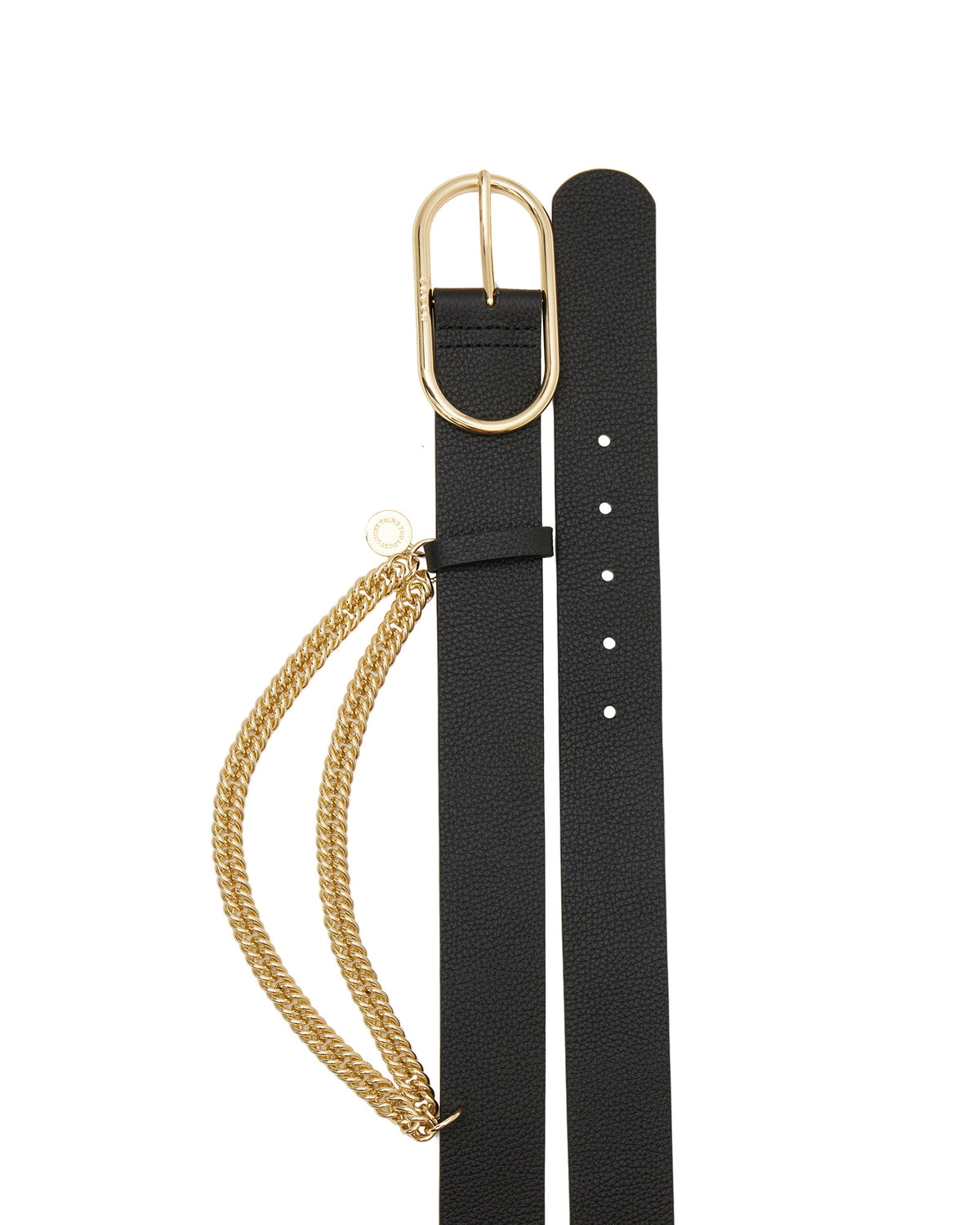 Black belt with gold chain and buckle on a white background