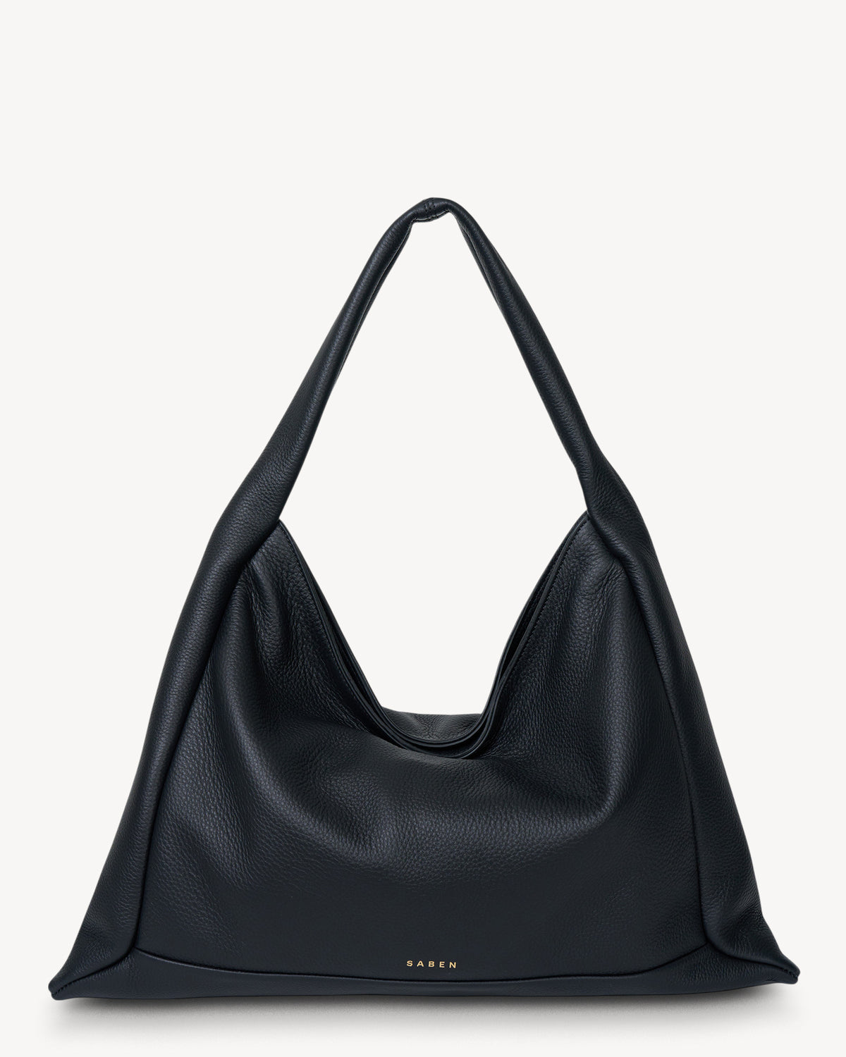 Black leather handbag on a light gray background