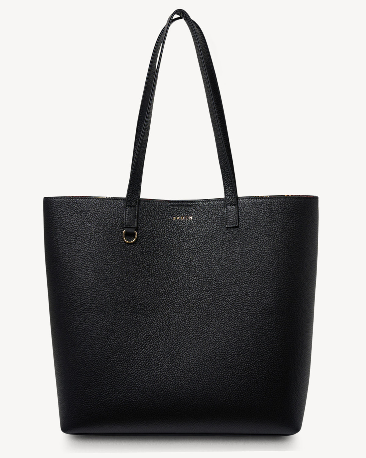 Black tote bag with a visible brand logo on a white background