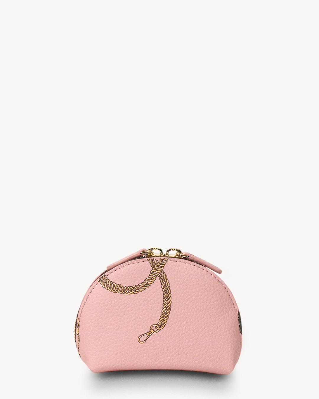 Pink pouch with a gold chain on a white background