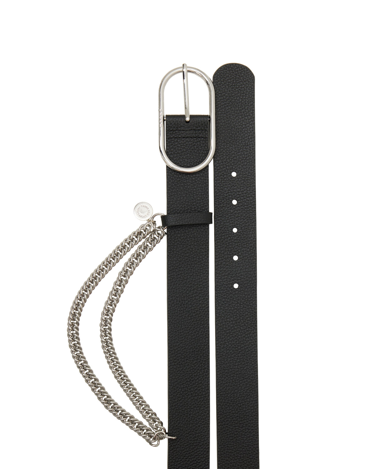 Black belt with silver chain and buckle on a white background