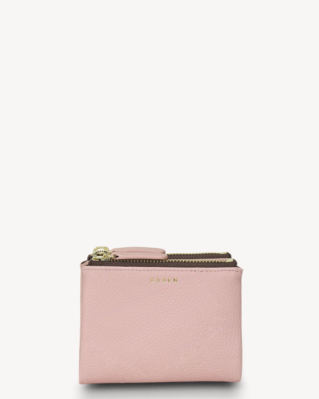 Pink wallet with gold zipper on a white background