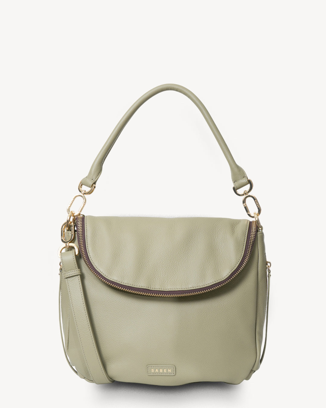 Green handbag with gold accents on a white background