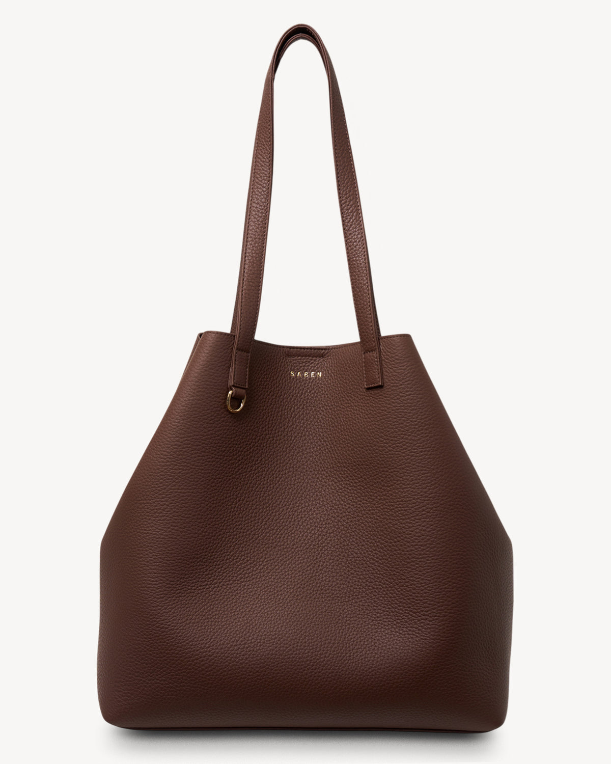 Brown leather tote bag on a white background
