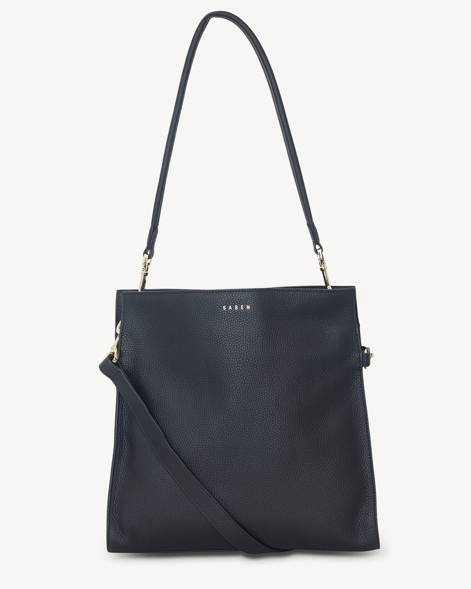 A shoulder bag with a black exterior, featuring dual compartments, an internal zip pocket, and a detachable crossbody strap.
