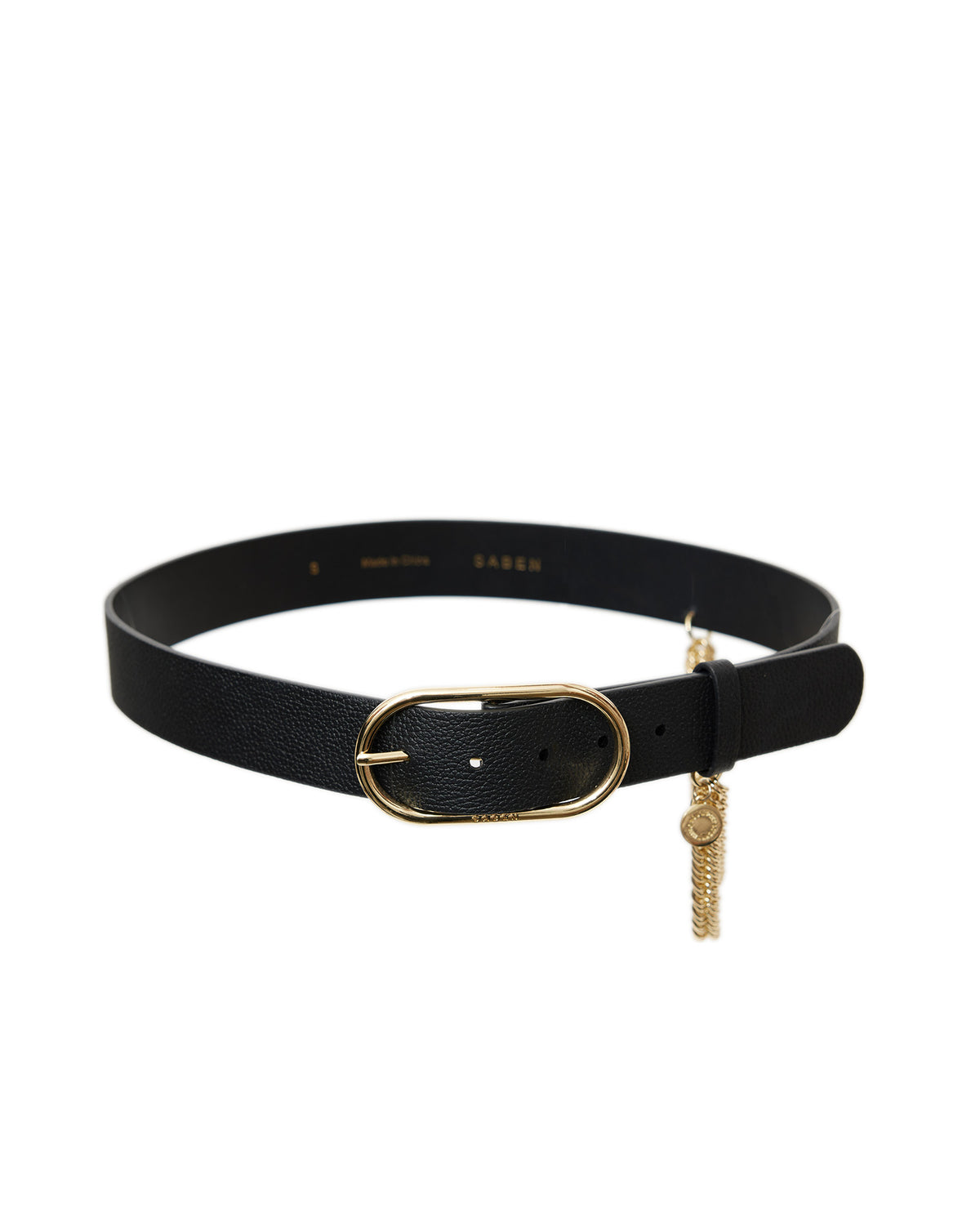 Black belt with gold buckle and decorative tag on a white background