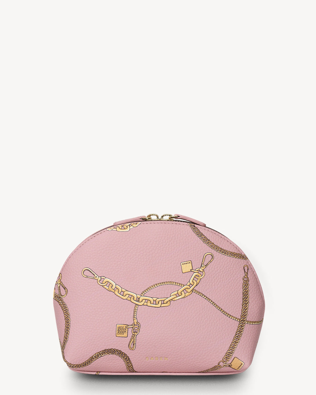 Pink cosmetic bag with gold chain design on a white background